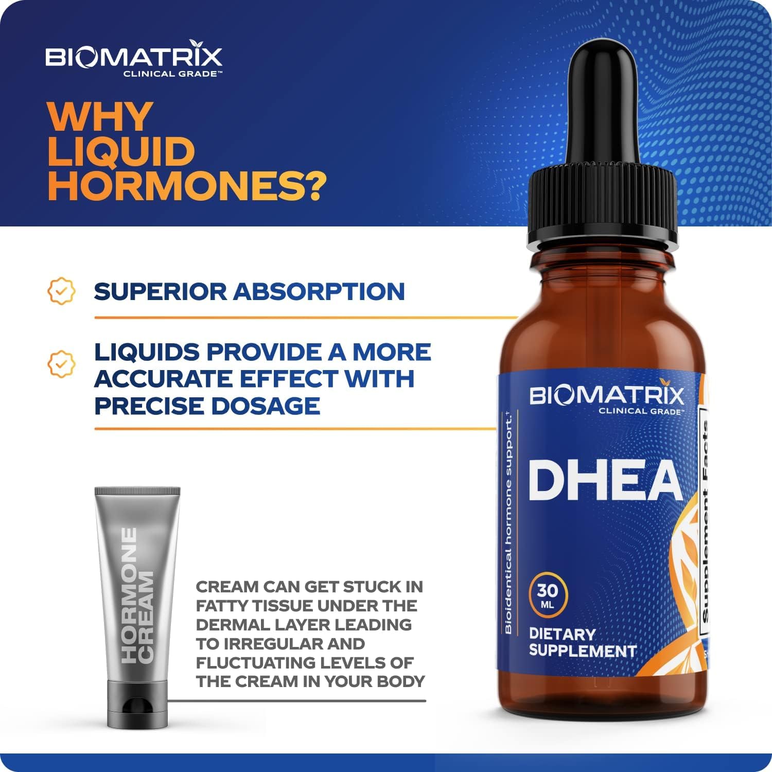 Étiquette BioMatrix DHEA claire sur l’emballage.