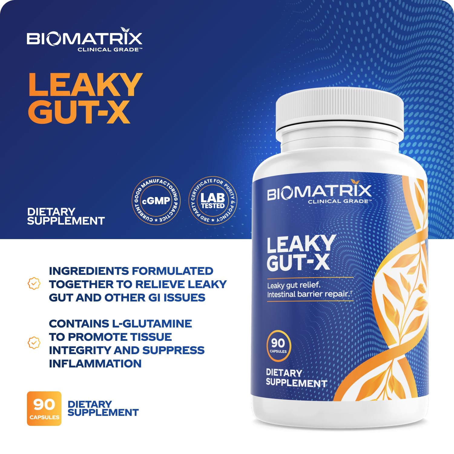 BioMatrix Leaky Gut-X, tableau d'ingrédients botanique, signe de synergie pour l’intestin.