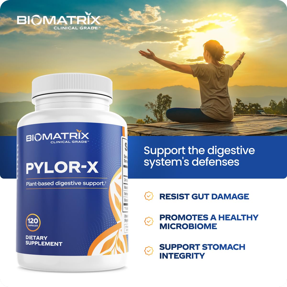 BioMatrix Pylor-X étiquette bouteille, visuel des composants et usages possibles