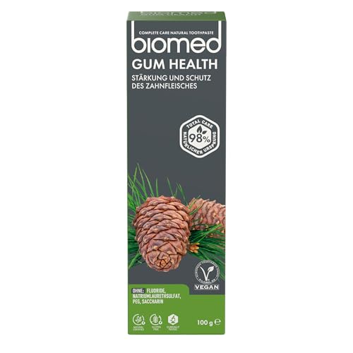 Biomed Gum Health, tube dentifrice ouvert, montre application et texture prête.