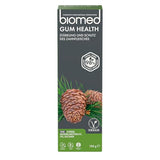 Biomed Gum Health, tube dentifrice ouvert, montre application et texture prête.