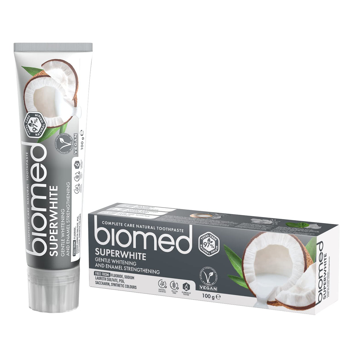 Biomed Superwhite dentifrice coco 100 g dans son emballage pratique