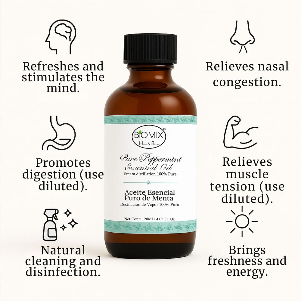 Biomix huile menthe poivrée – étiquette claire et pureté garantie.