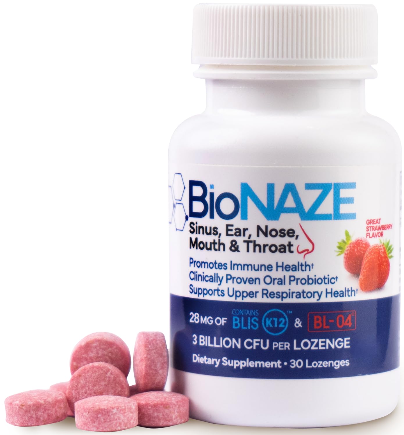 Bionaze BLIS K12 et BL-04 dans une bouteille, soutien potentiel à la santé buccale.