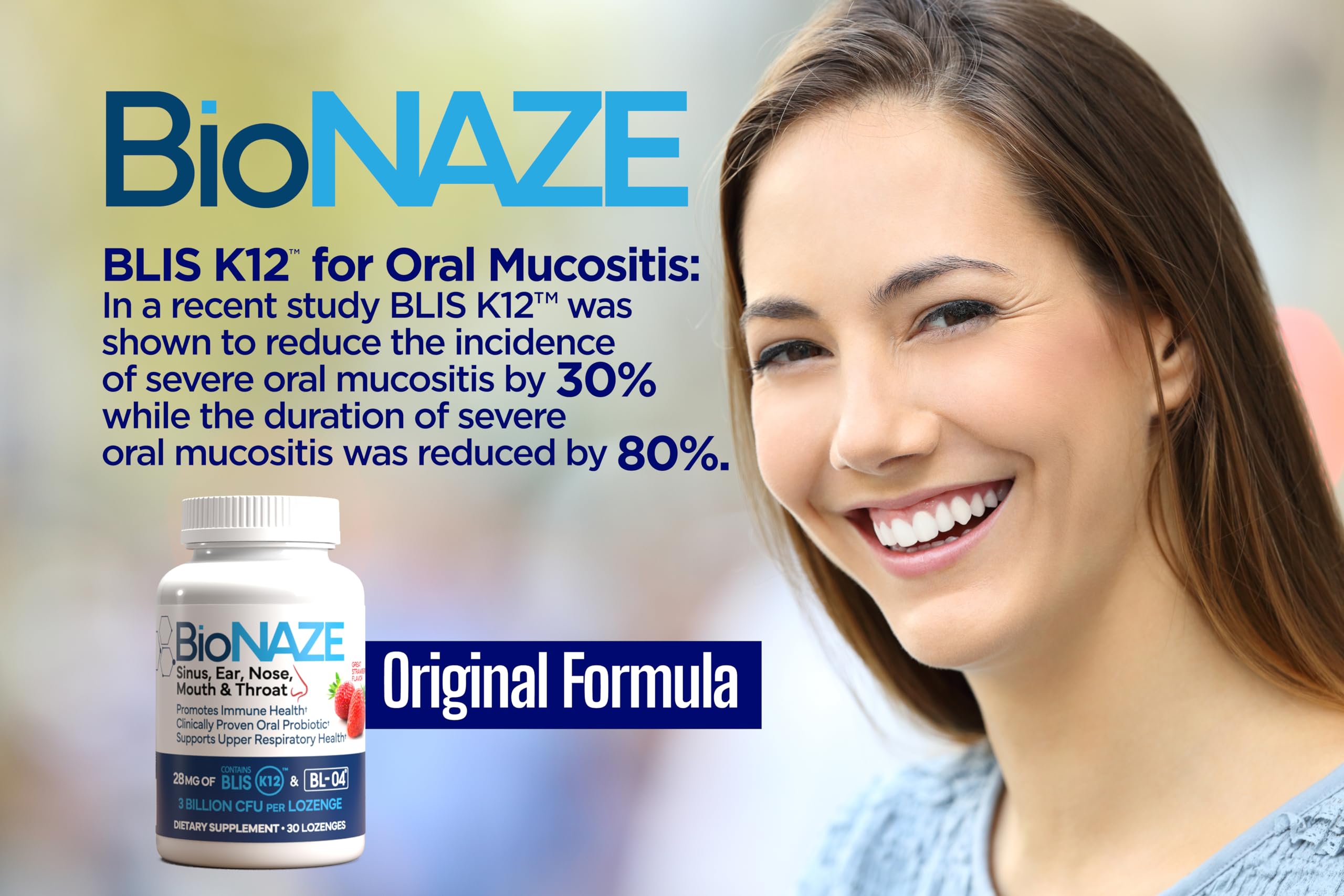 Bionaze Soutien respiratoire potentiel grâce à BLIS K12 et BL-04, flacon visible.