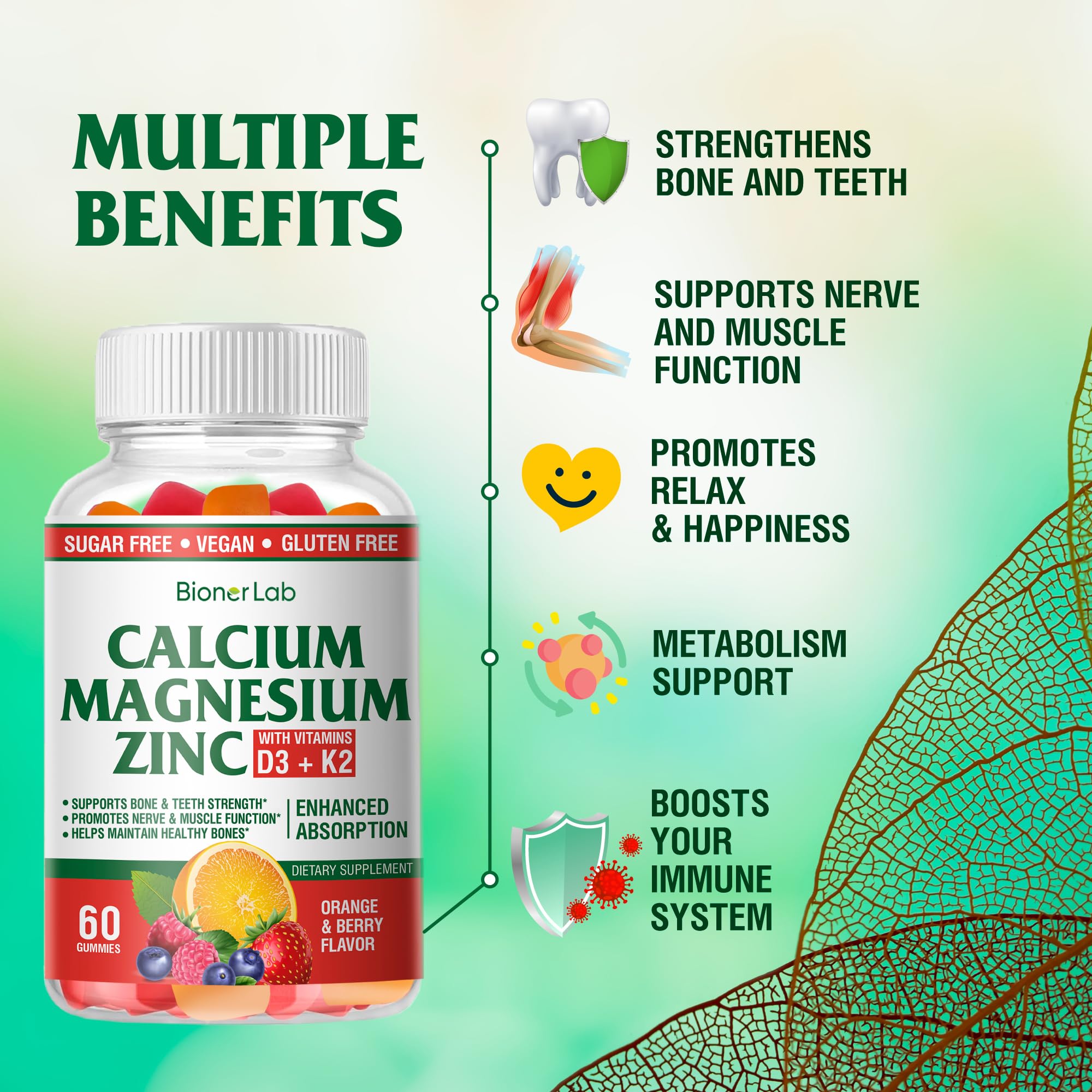 Gummies BionerLab Calcium-Magnésium-Zinc baies au goût agréable et absorption minérale facilitée.