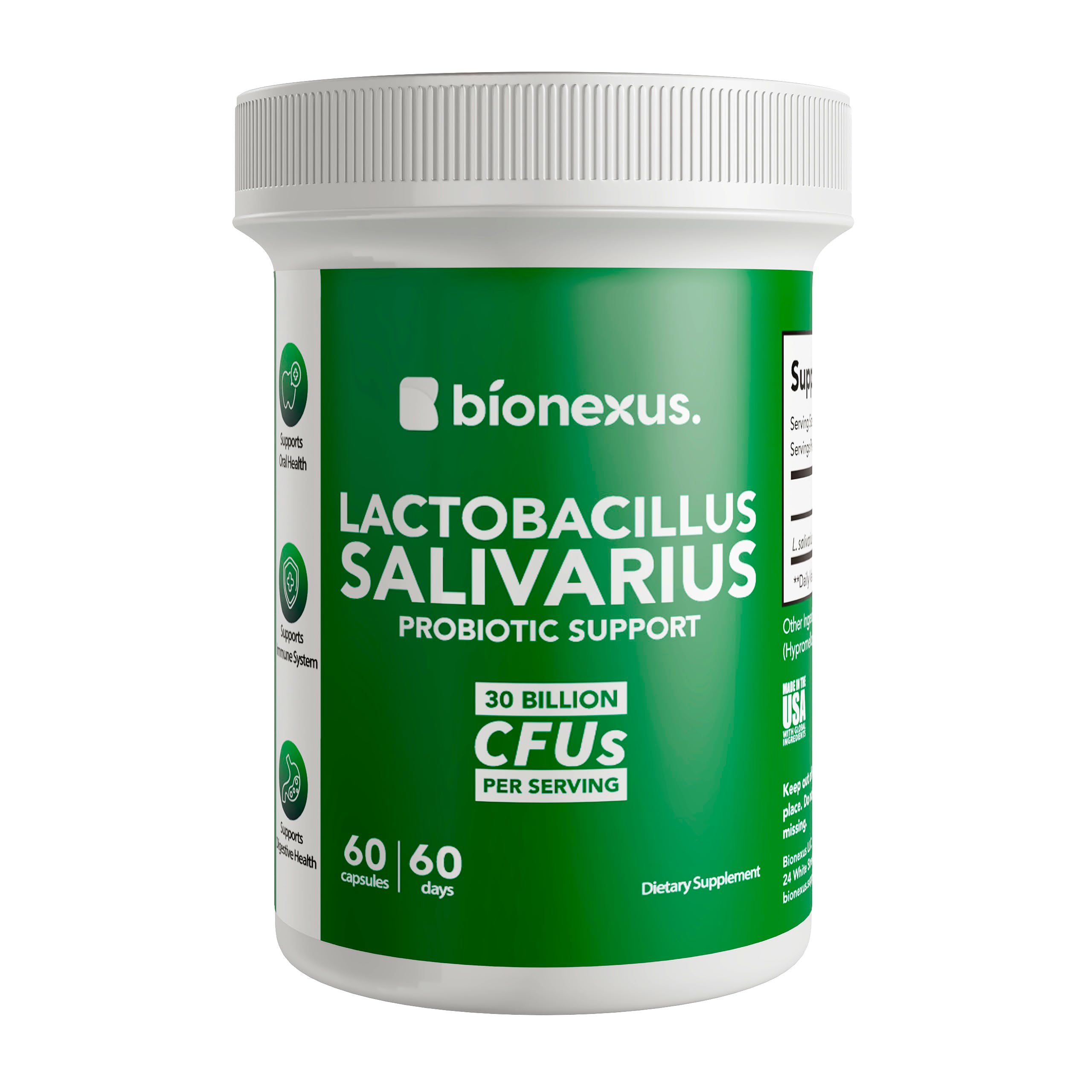 Bionexus Lactobacillus Salivarius, bouteille 60 comprimés, soutien buccal et digestif.