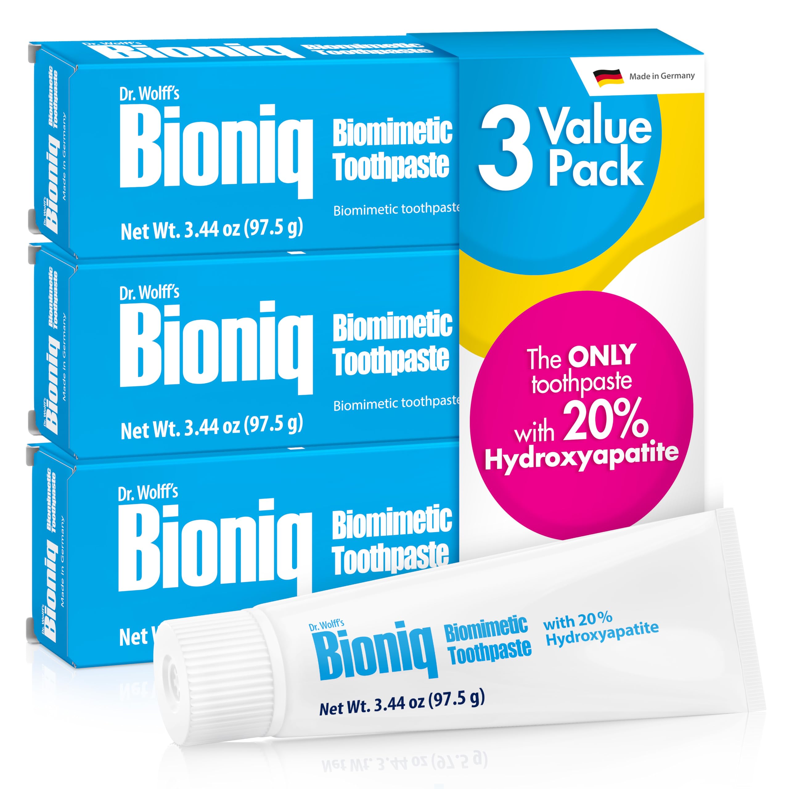 Pâte dentifrice Bioniq Classic à 20% BioHAP, soutien potentiel de l’émail pendant le brossage.