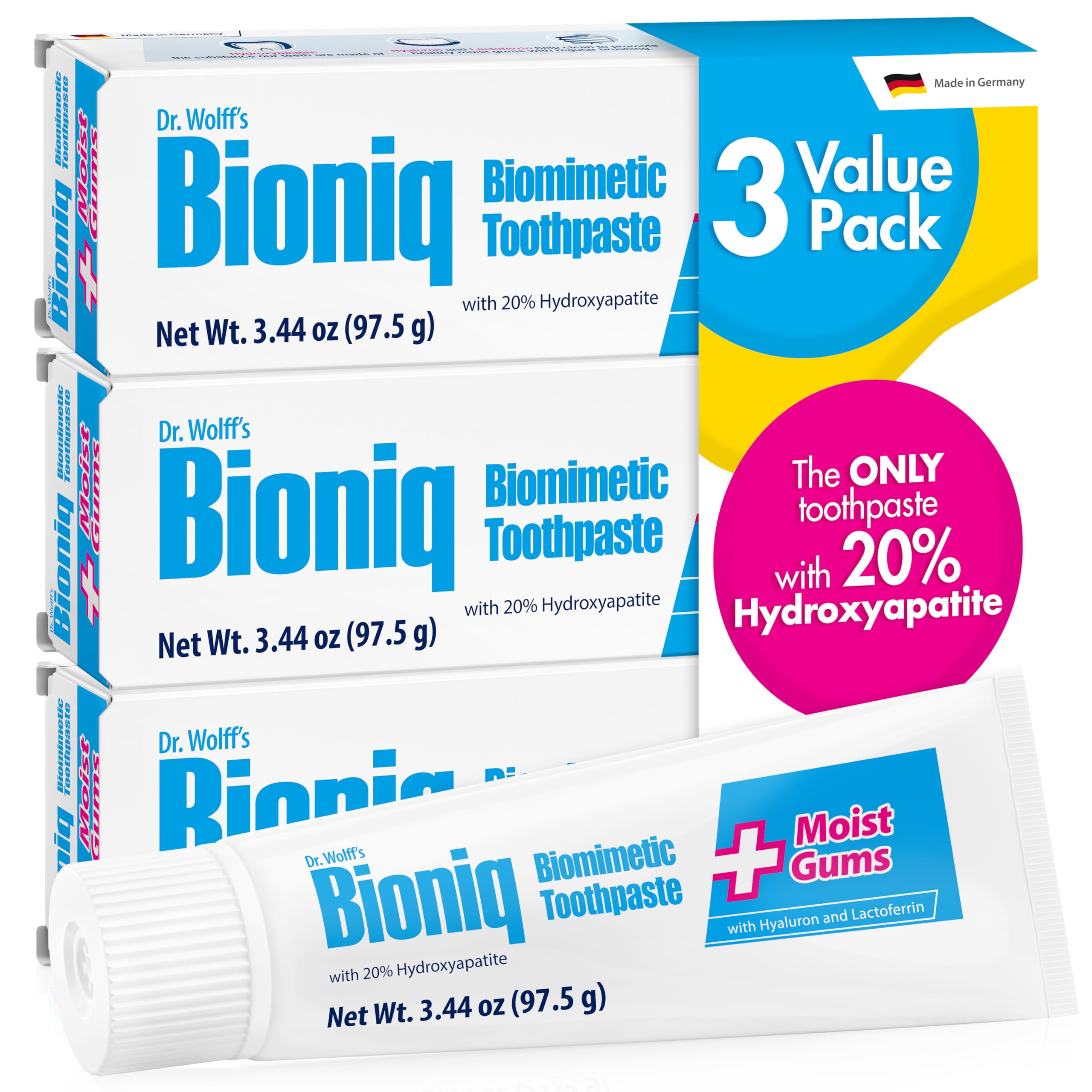 Pâte dentifrice Bioniq Plus avec hydroxyapatite 20% et texte montrant l’émail renforcé