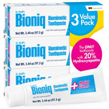 Pâte dentifrice Bioniq Plus avec hydroxyapatite 20% et texte montrant l’émail renforcé