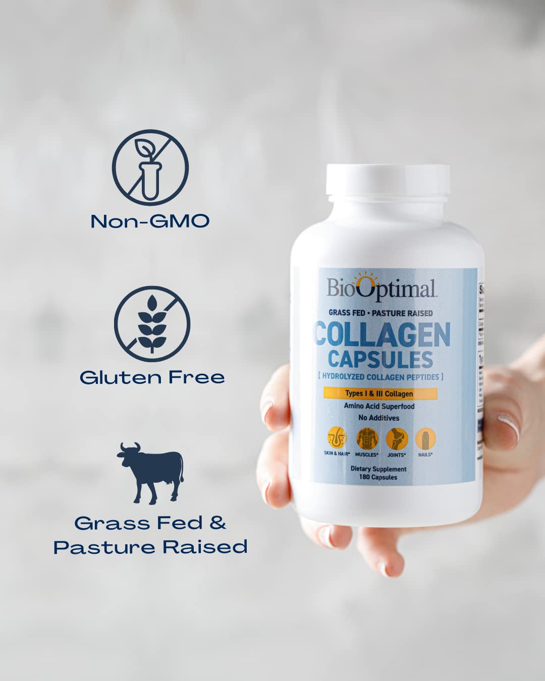 BioOptimal Collagen Peptides Capsules — sans goût, faciles à ajouter dans eau ou smoothies