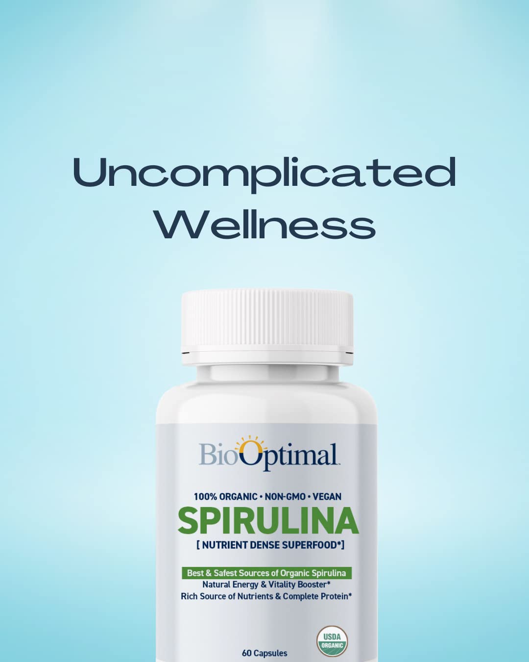 BioOptimal Spiruline: comprimés verts faciles à avaler pour soutenir l'énergie.