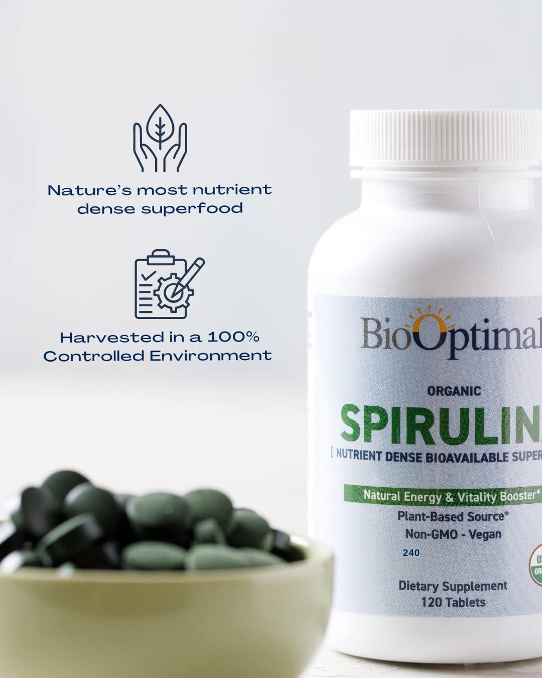 BioOptimal Spiruline: ingrédient unique sans additifs pour simplifier le quotidien.