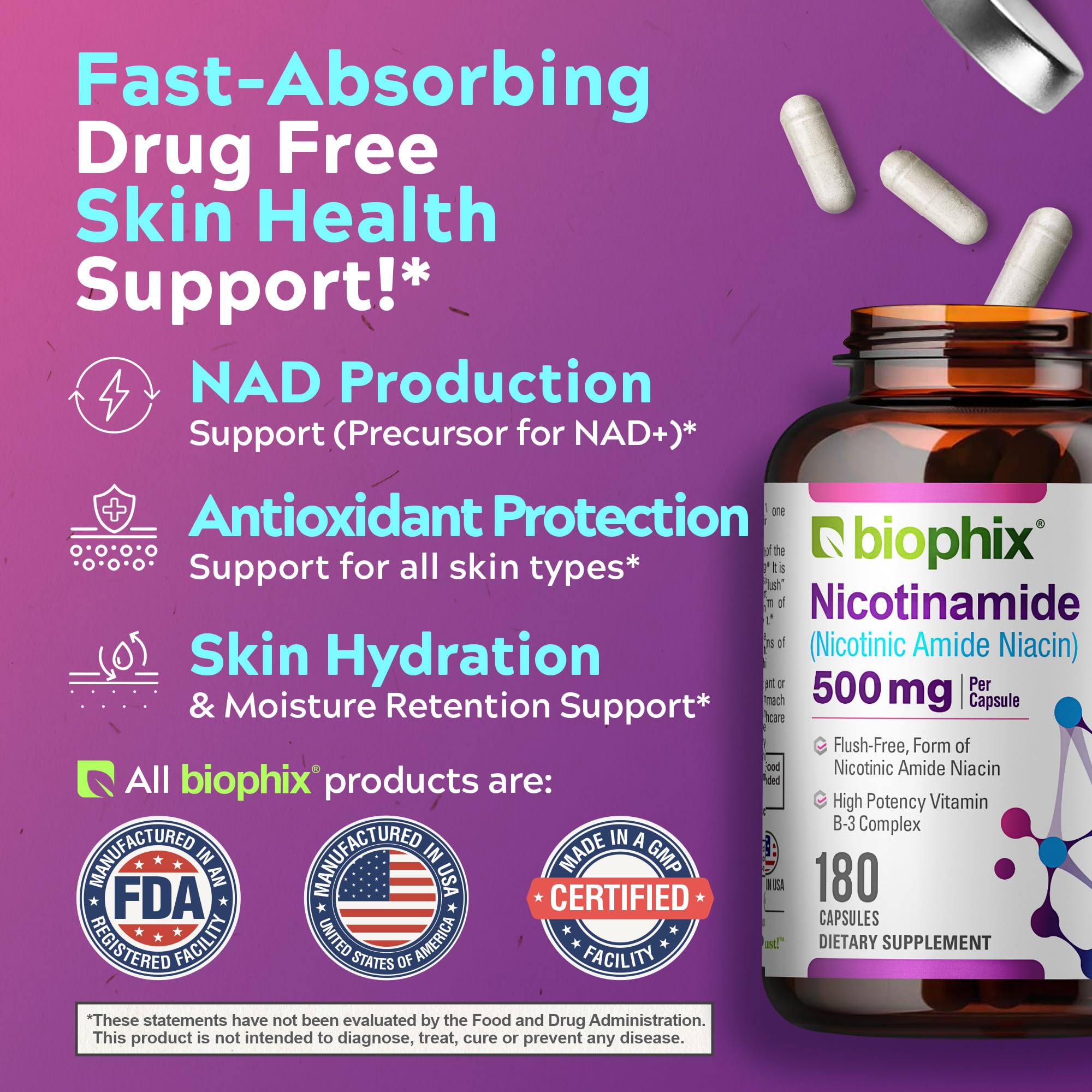 biophix nicotinamide-500mg étiquette, informations lisibles et transparentes