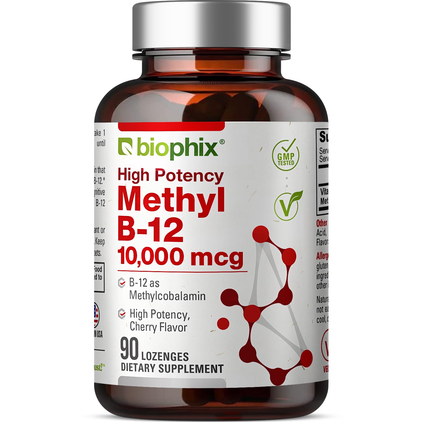 Biophix Methyl B-12 flacon avec gommes véganes goût cerise et énergie potentielle.