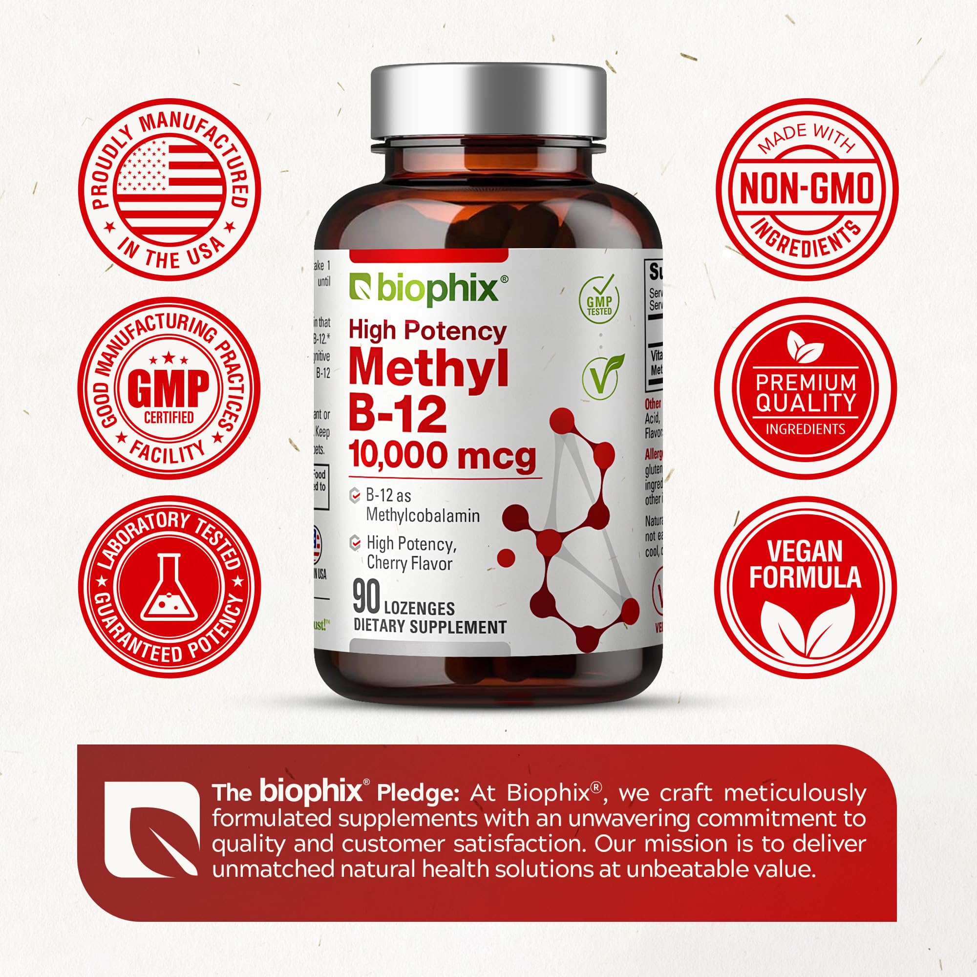 Étiquette Biophix Methyl B-12 affichant qualité et certifications.