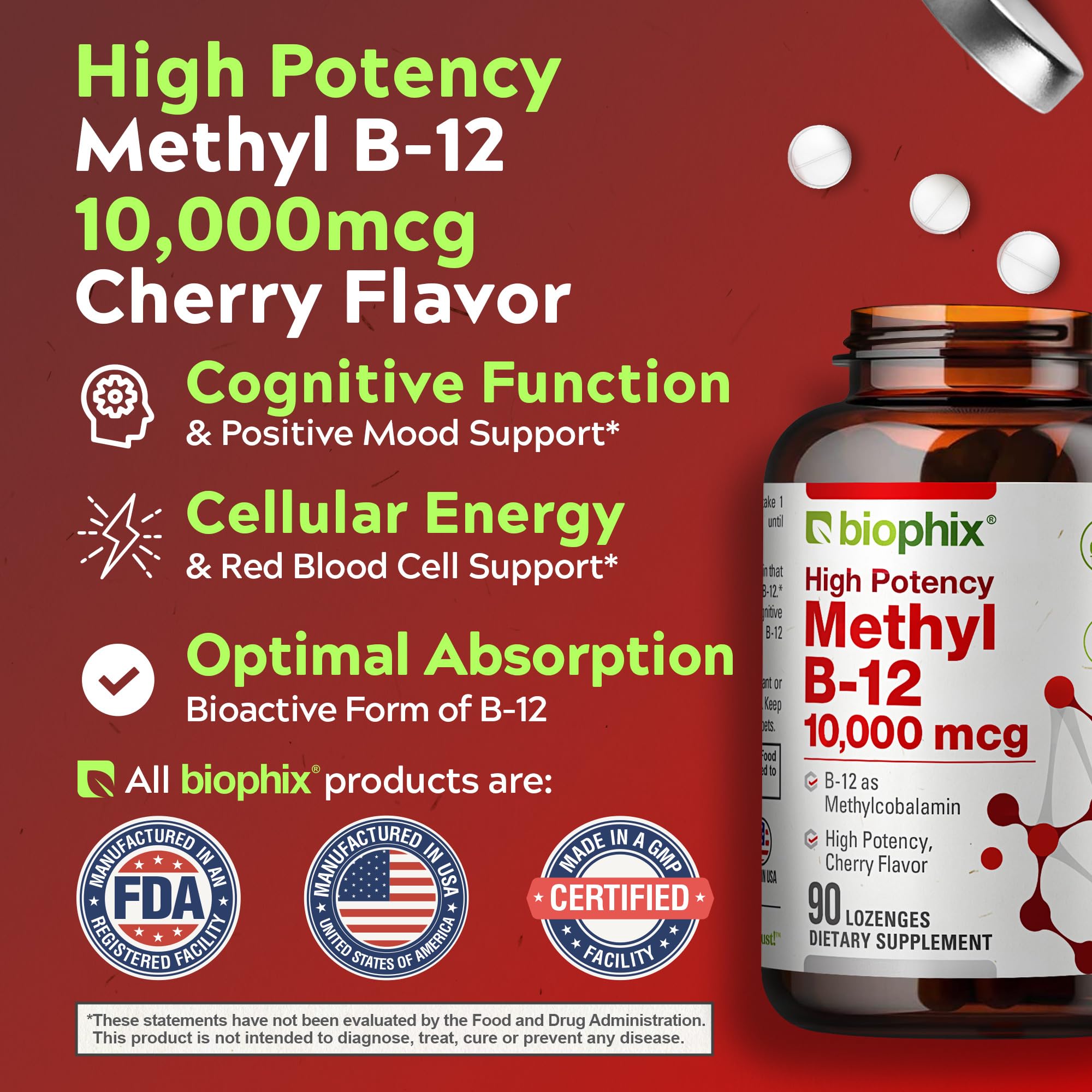 Pastilles Biophix Methyl B-12 cerise sur fond clair pour concentration.