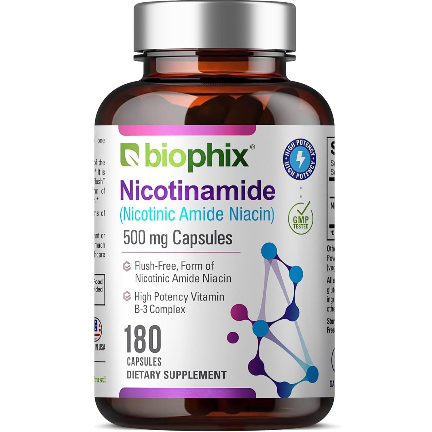 biophix nicotinamide-500mg capsules, capsules visibles et énergie potentielle