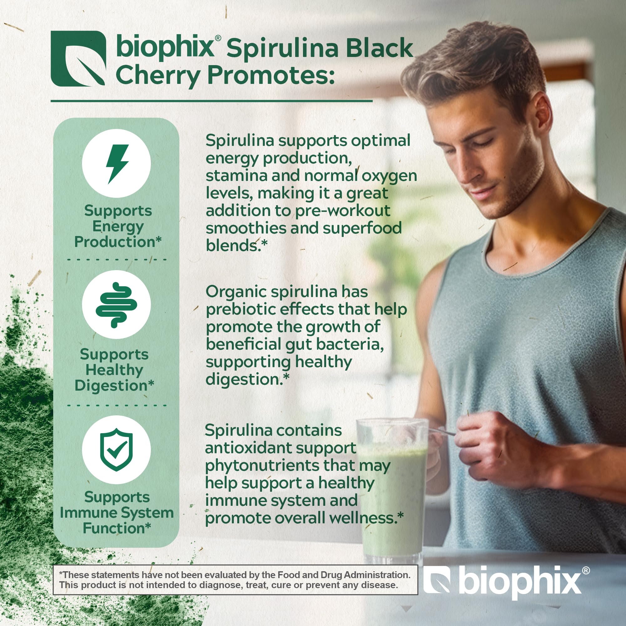 Biophix spiruline saveur cerise-noire dose quotidienne facile, énergie naturelle