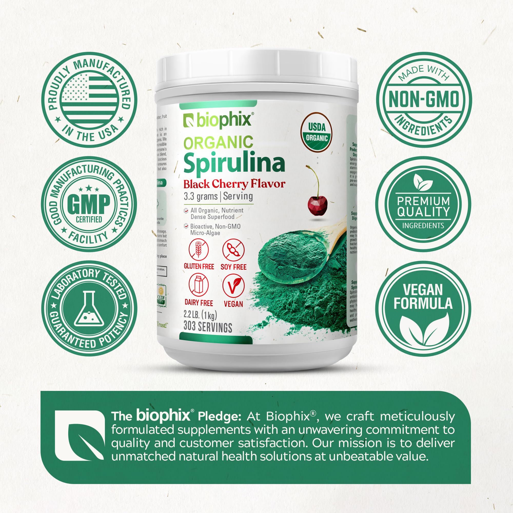 Biophix Spiruline cerise-noire mélange facile, soutient nutritionnel sans allergènes