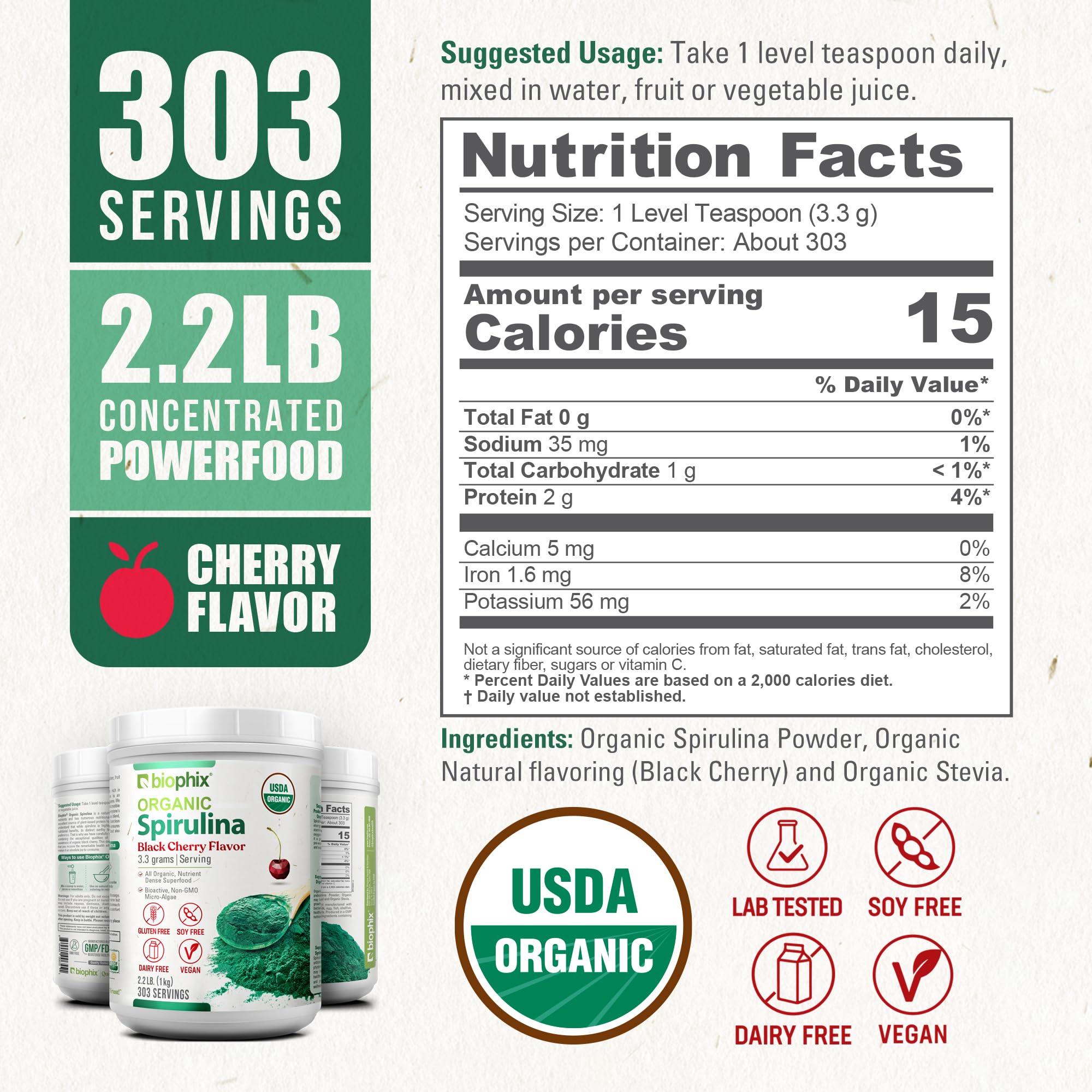 Biophix Spiruline saveur cerise-noire sur étiquette claire, fabriquée aux États-Unis