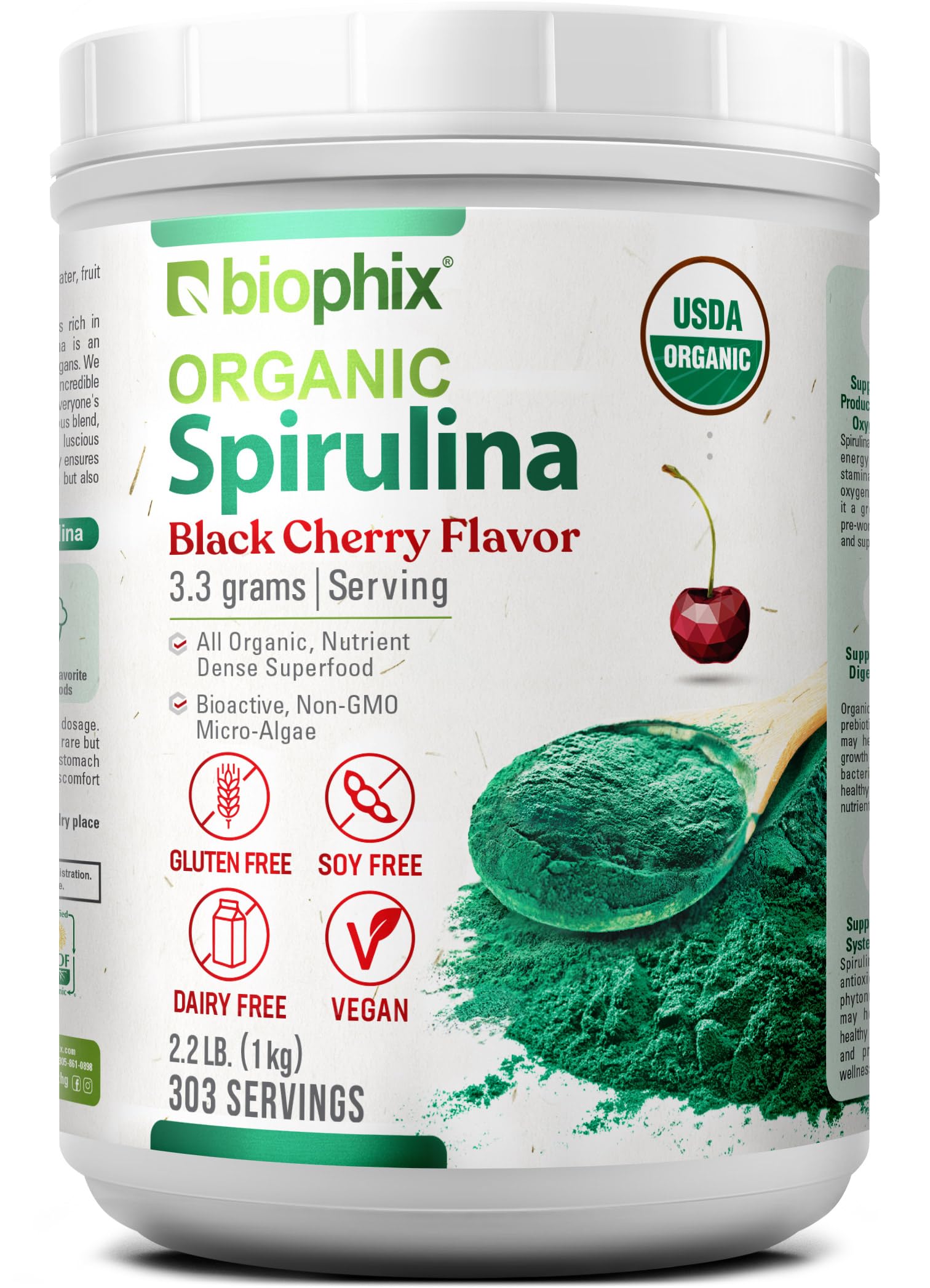 Biophix Spiruline bio saveur cerise-noire, pot de 1 kg, apport nutritionnel pratique
