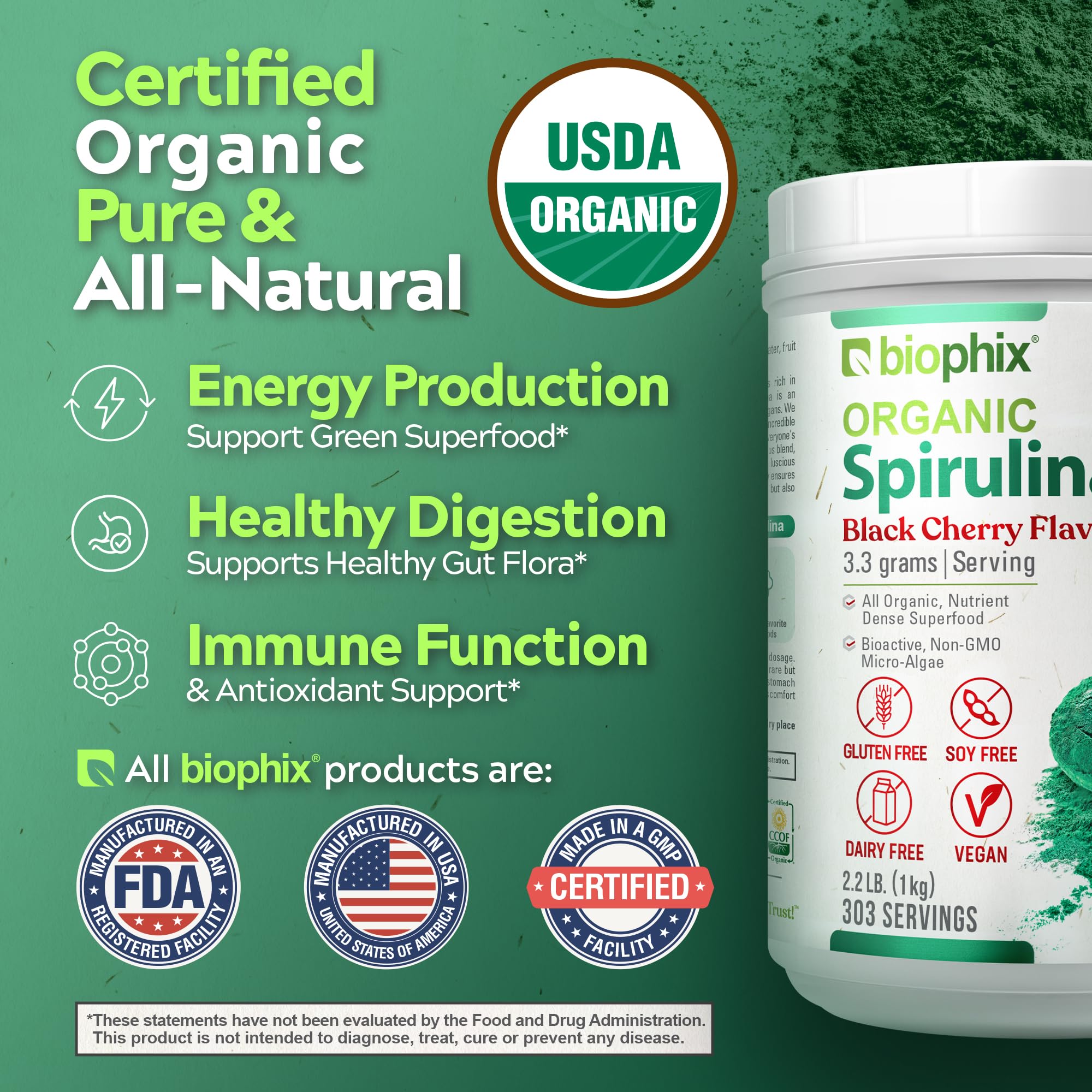 Biophix Spiruline cerise-noire poudre purifiée pour boissons quotidiennes