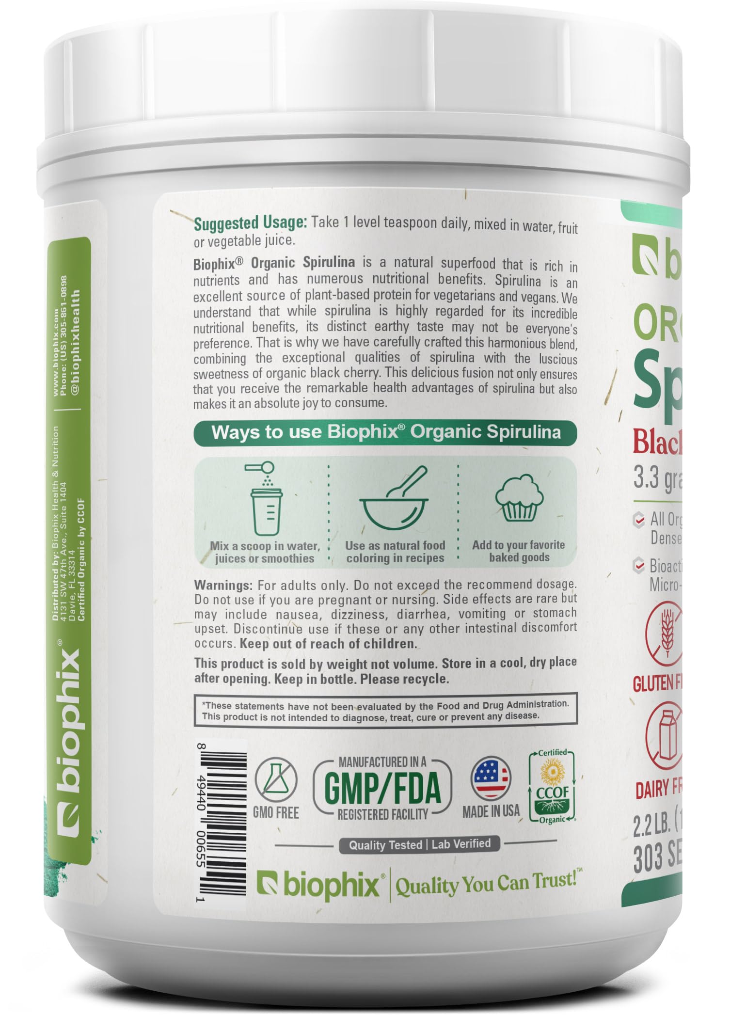 Biophix Spiruline saveur cerise-noire, production USA