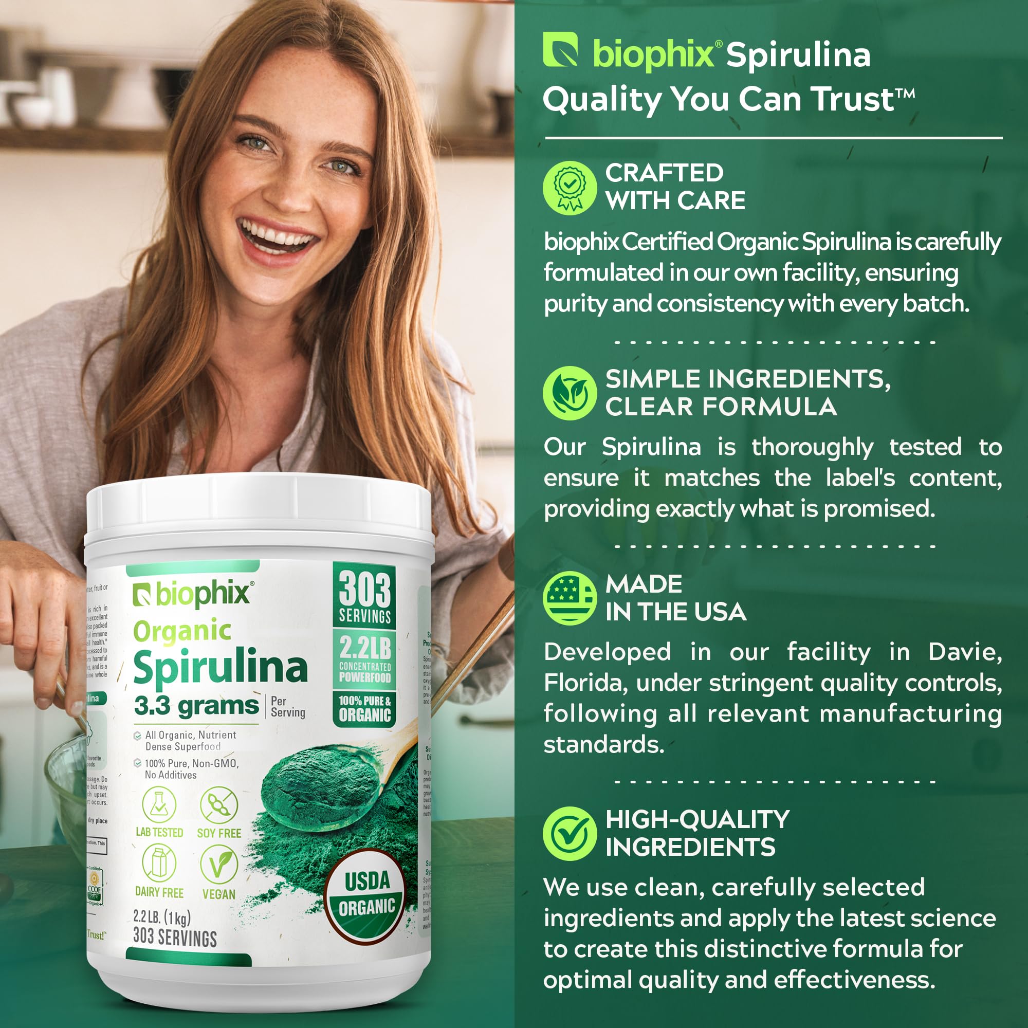 Biophix Spiruline – poudre couleur verte, exemple de super-aliment dans votre routine.