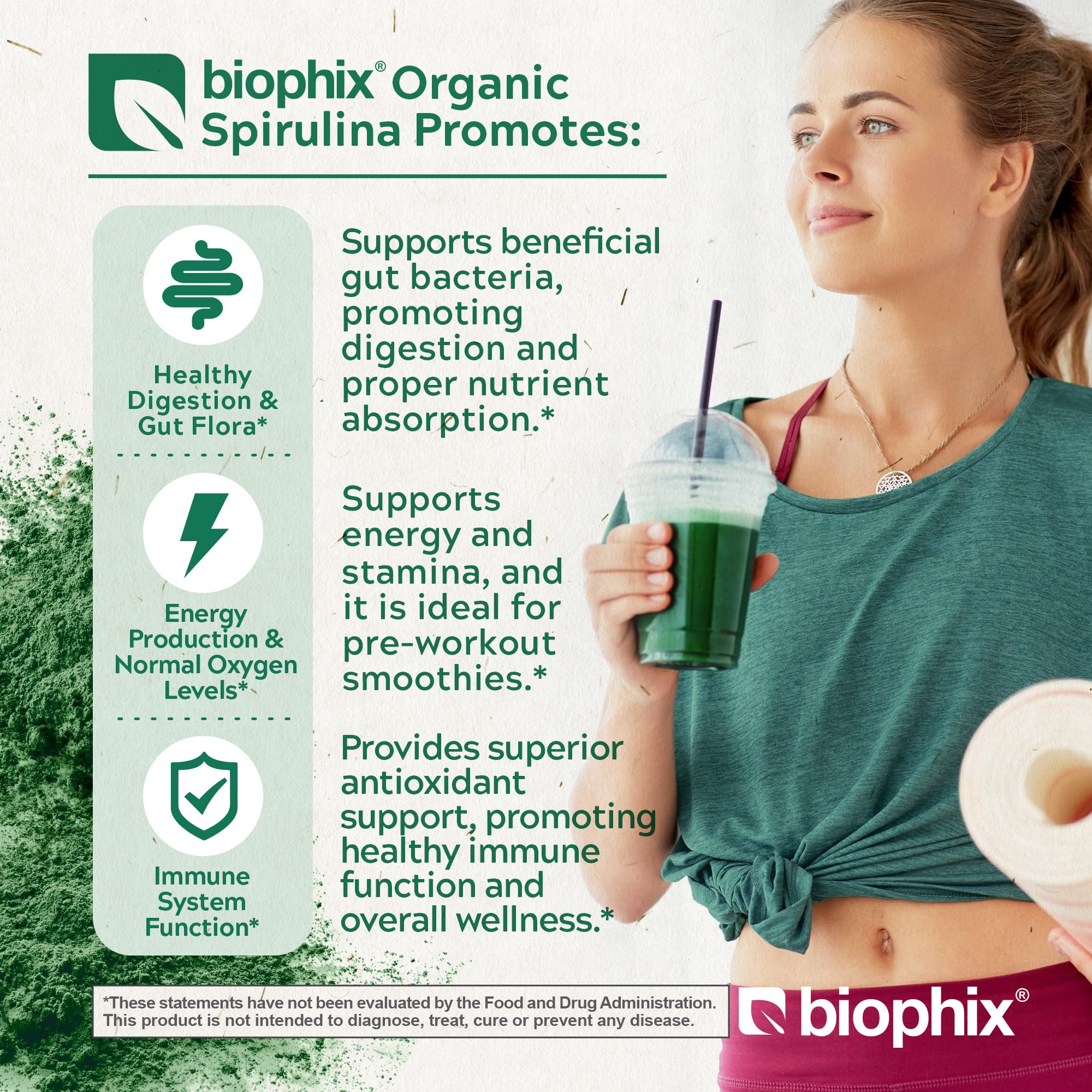 Biophix Spiruline en poudre – doseur inclus, pratique pour doser vos préparations.