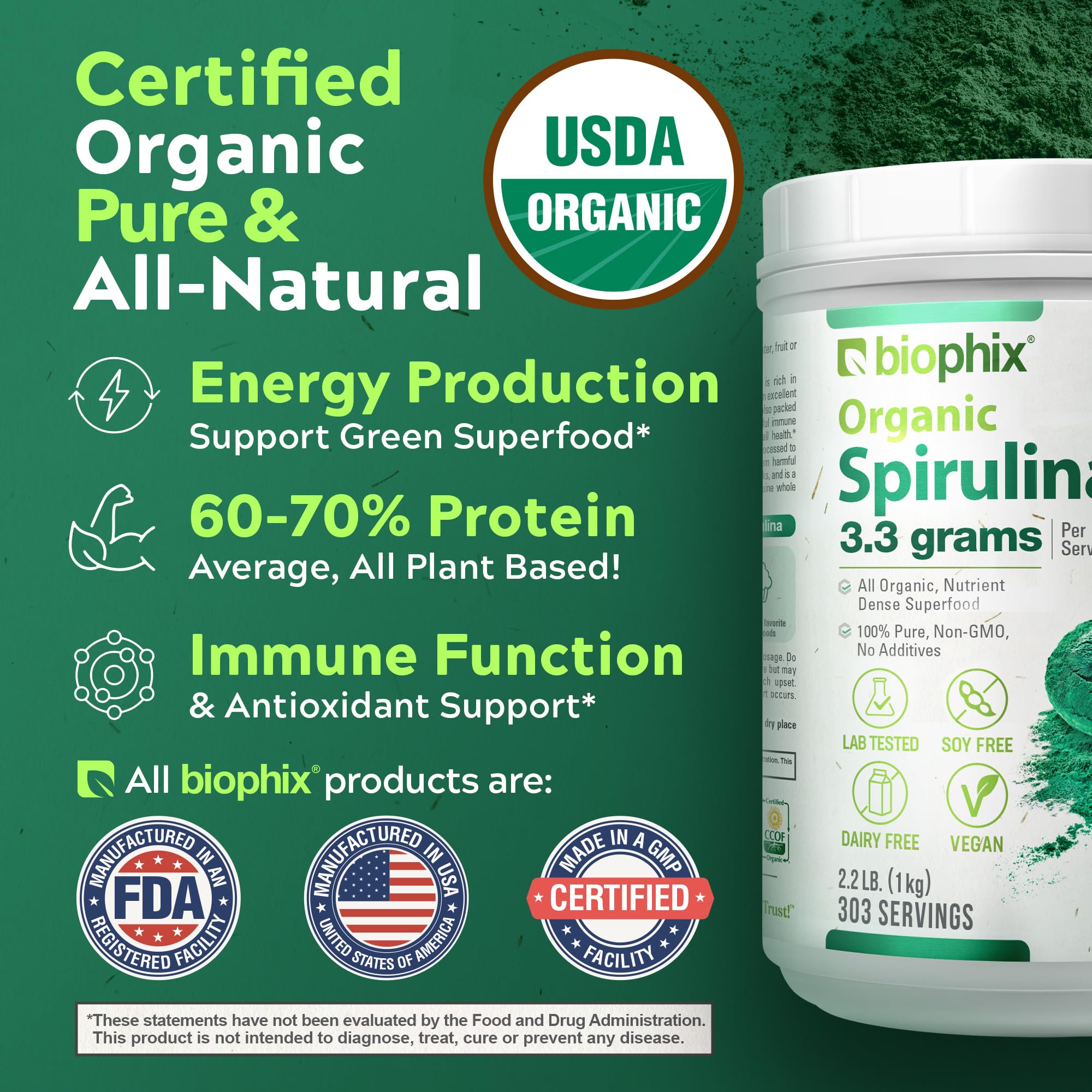 Biophix Spiruline Poudre – emballage bio, pratique pour toute la famille.