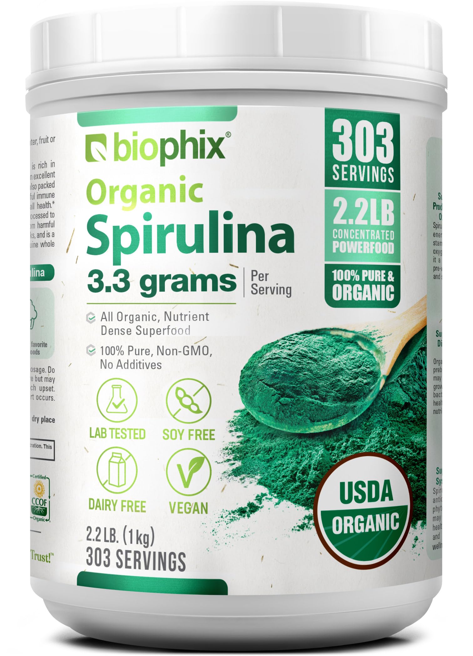 Biophix Spiruline Organique en poudre dans un flacon, source naturelle de protéines et nutriments.