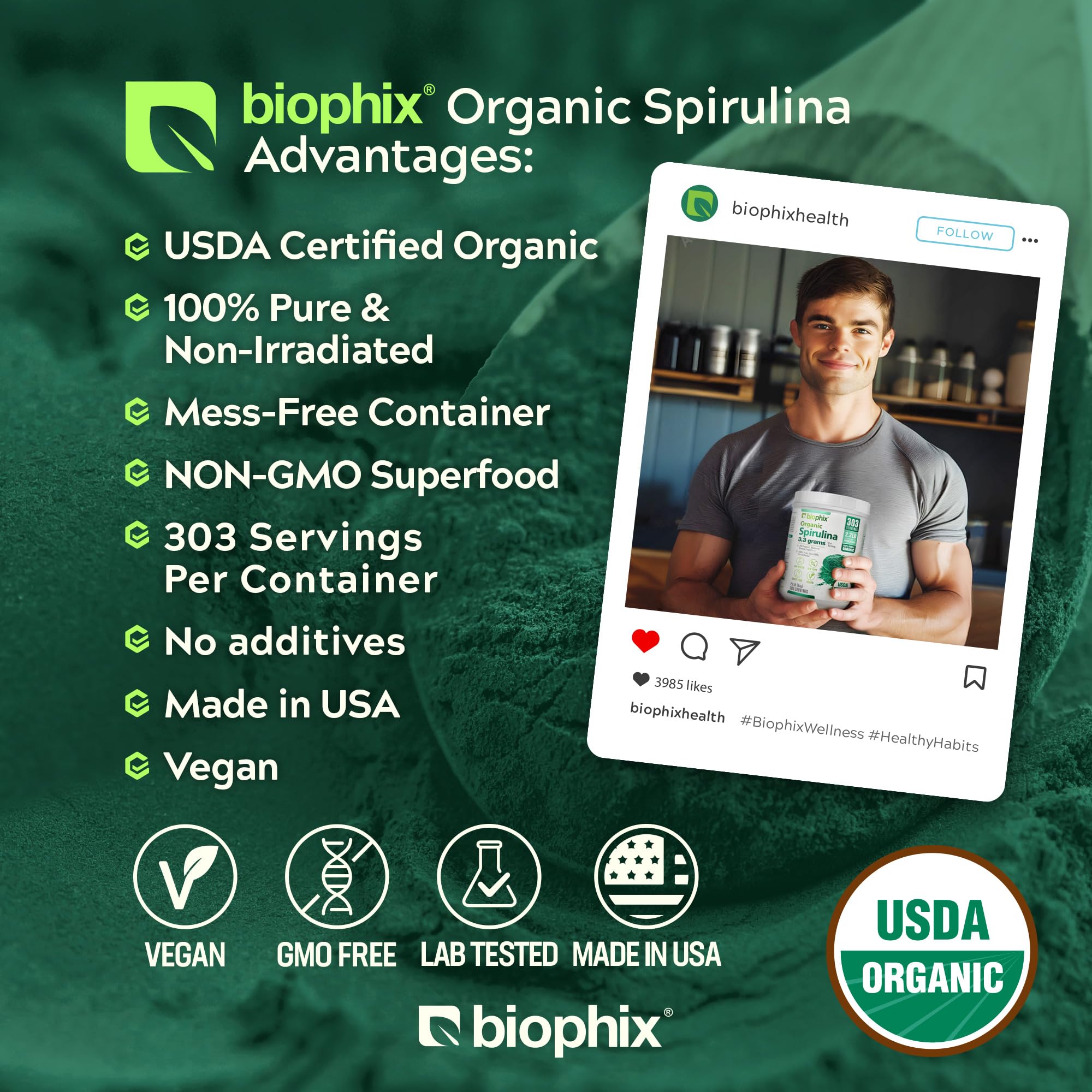 Biophix Spiruline Organique – poudre pour smoothies, boostez vos boissons quotidiennes.