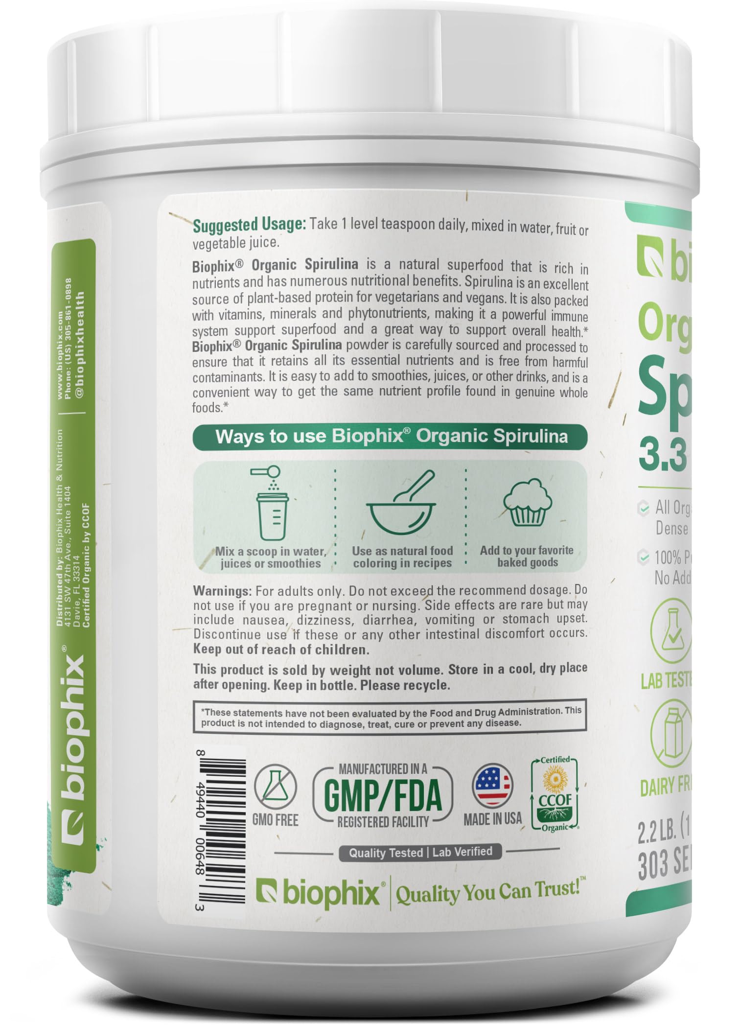 Biophix Spiruline poudre – stockage familial et longue durée, pratique pour 303 portions.