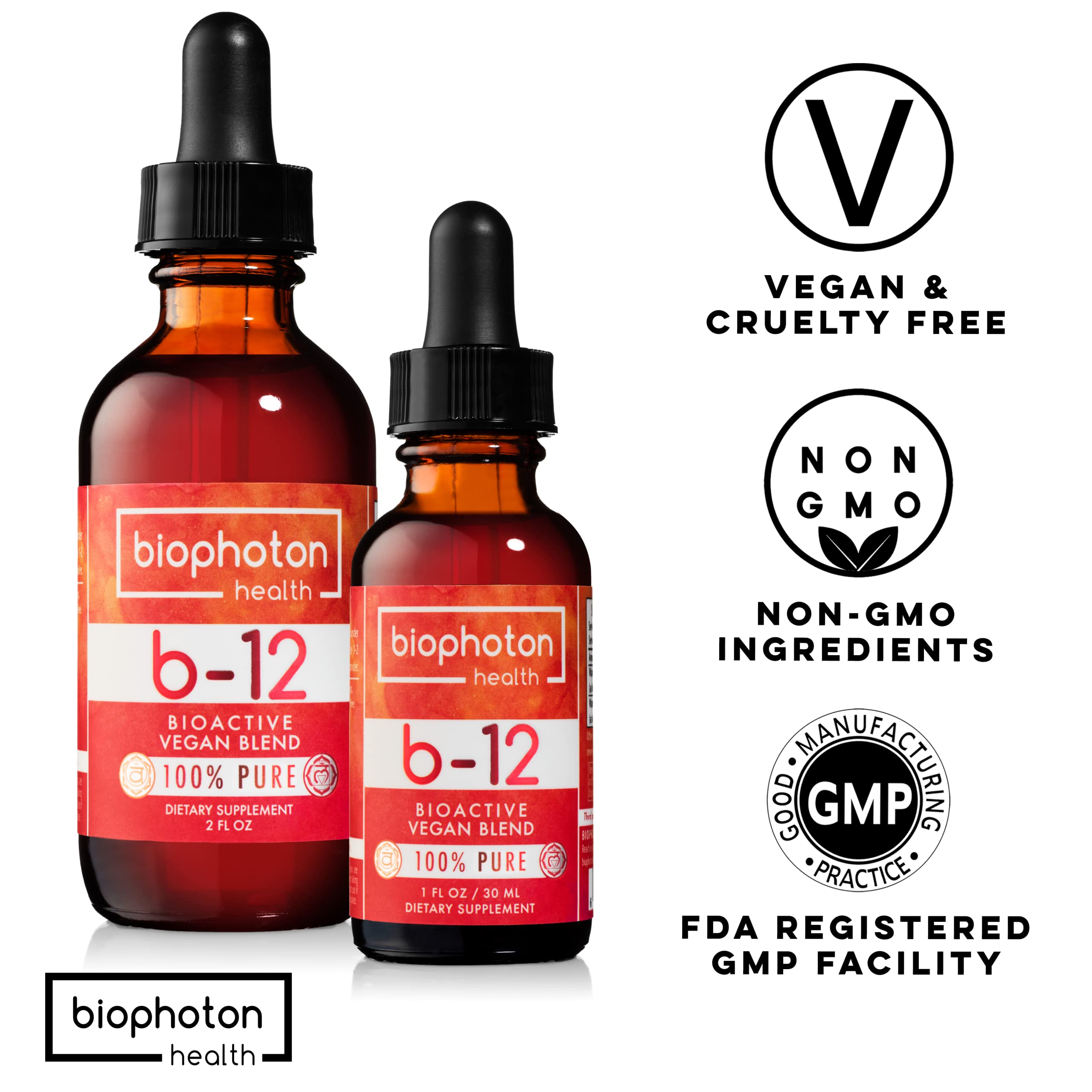 Biophoton Health vitamine B12 liposomale, étiquette marque et emballage sûr.