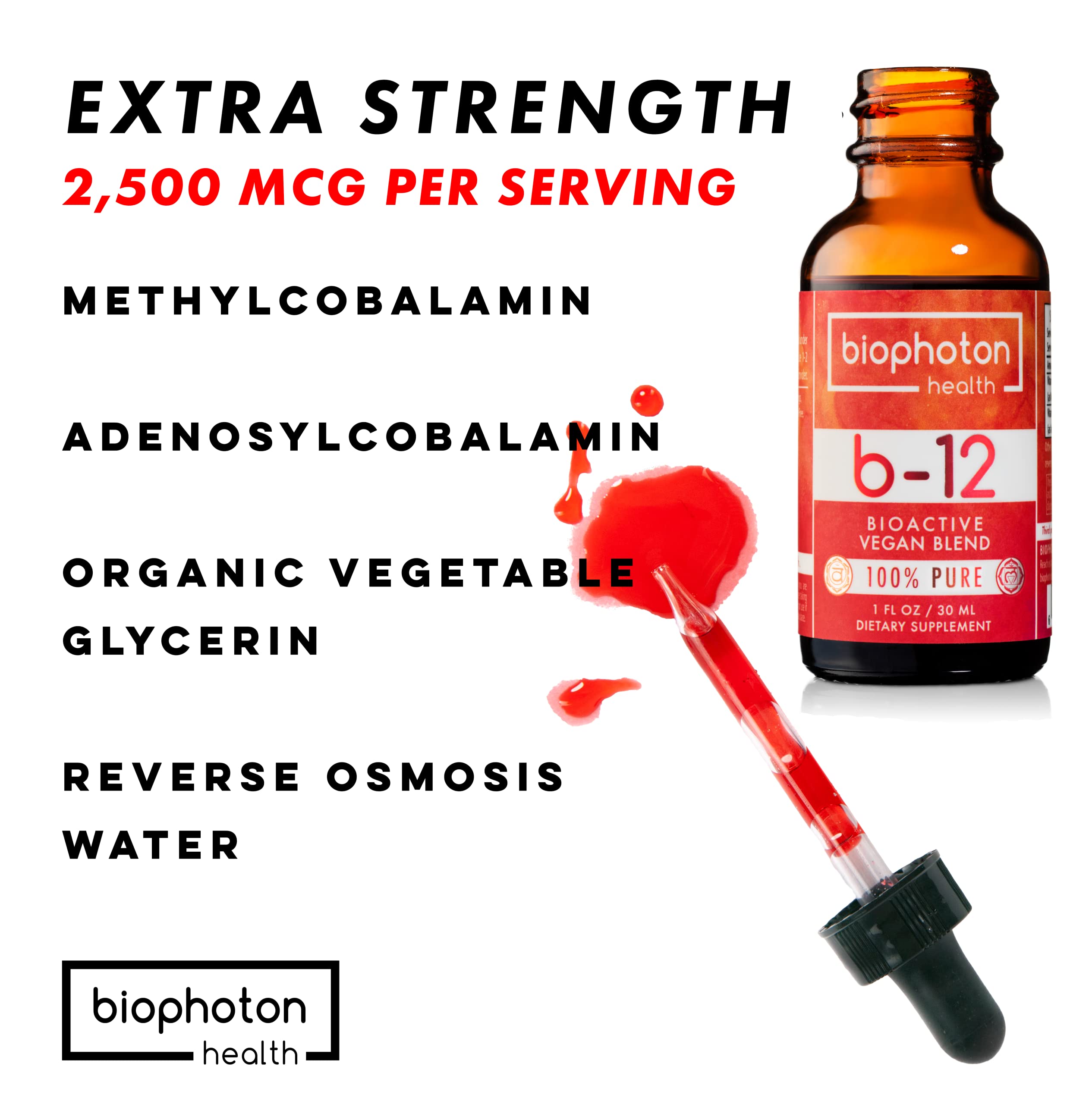 Biophoton Health vitamine B12 liposomale, pipette-doseur, dosage précis.