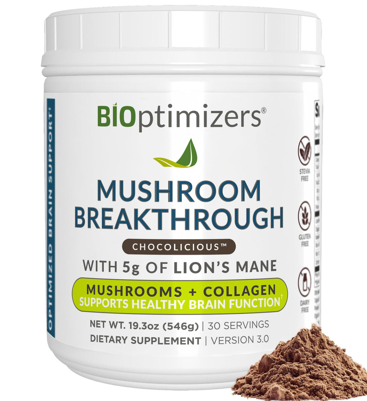 BIOptimizers boisson chocolatée à base de champignons, versement dans la tasse, énergie durable.
