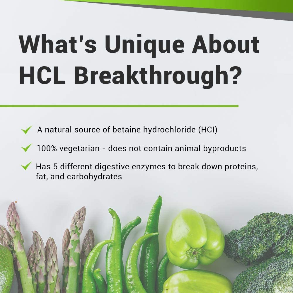 Emballage frontal BIOptimizers HCL Breakthrough, démontrant une formule naturelle et sans pepsine