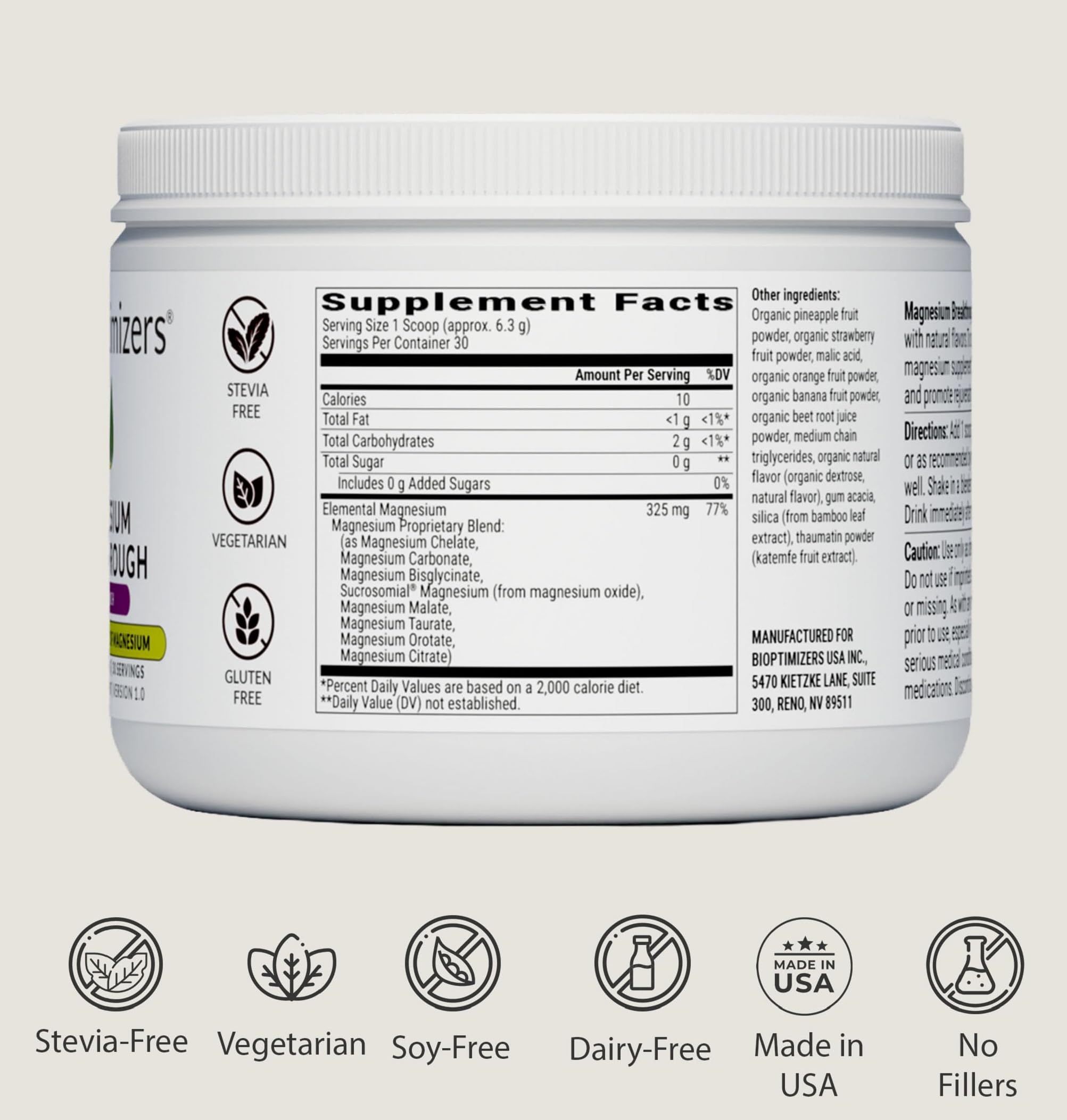 Ingrédients naturels BIOptimizers Magnesium Breakthrough sans sucre ajouté sur l'étiquette