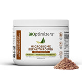 BIOptimizers Microbiome Breakthrough en bouteille chocolat, boostant le confort digestif et le bien-être.