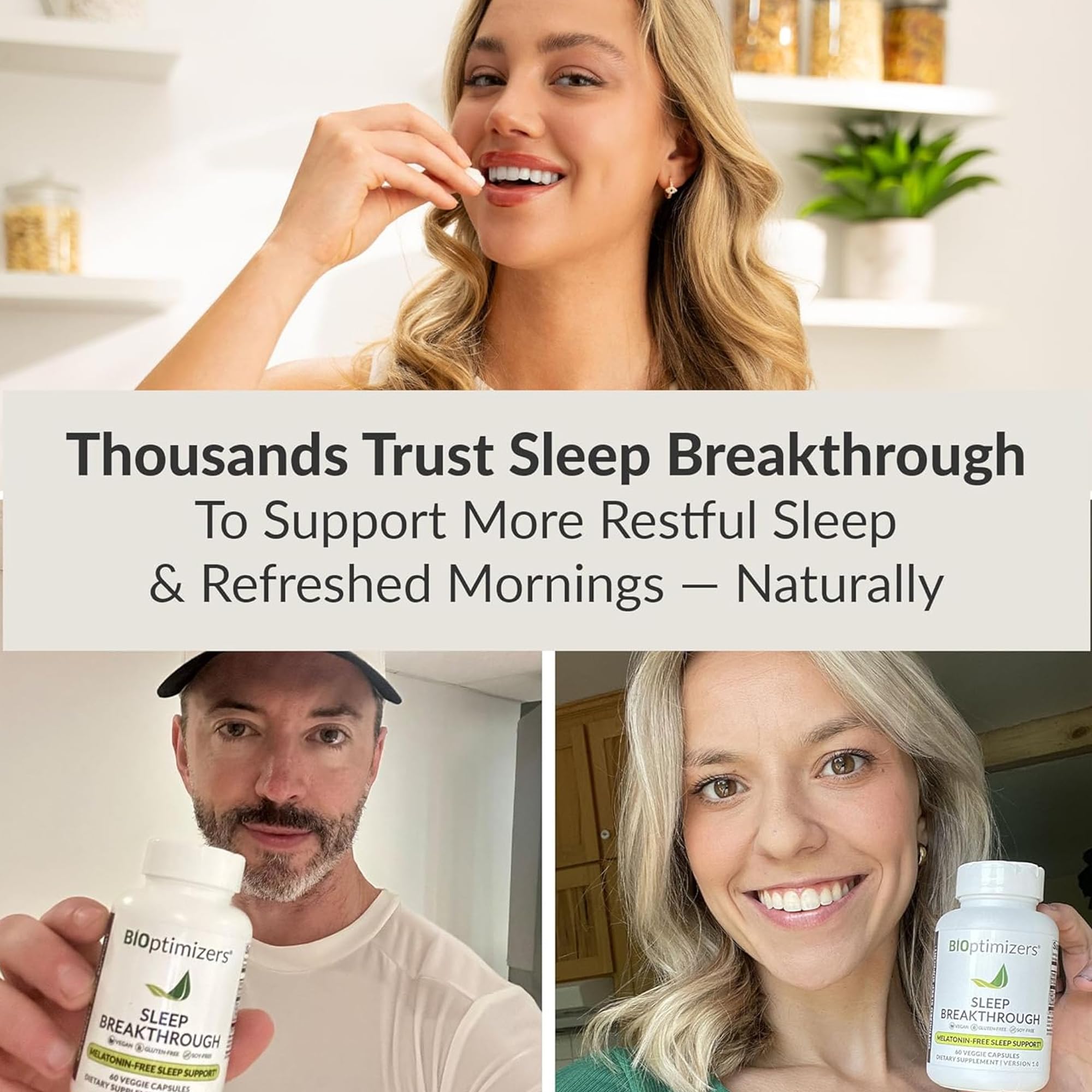 BiOptimizers Sleep Breakthrough sur étagère, rituel nocturne pour un réveil frais.