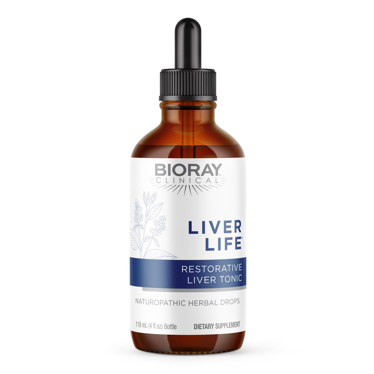 BIORAY Clinical Liver Life, flacon-gouttes, soutient la fonction hépatique et la détoxication quotidienne.