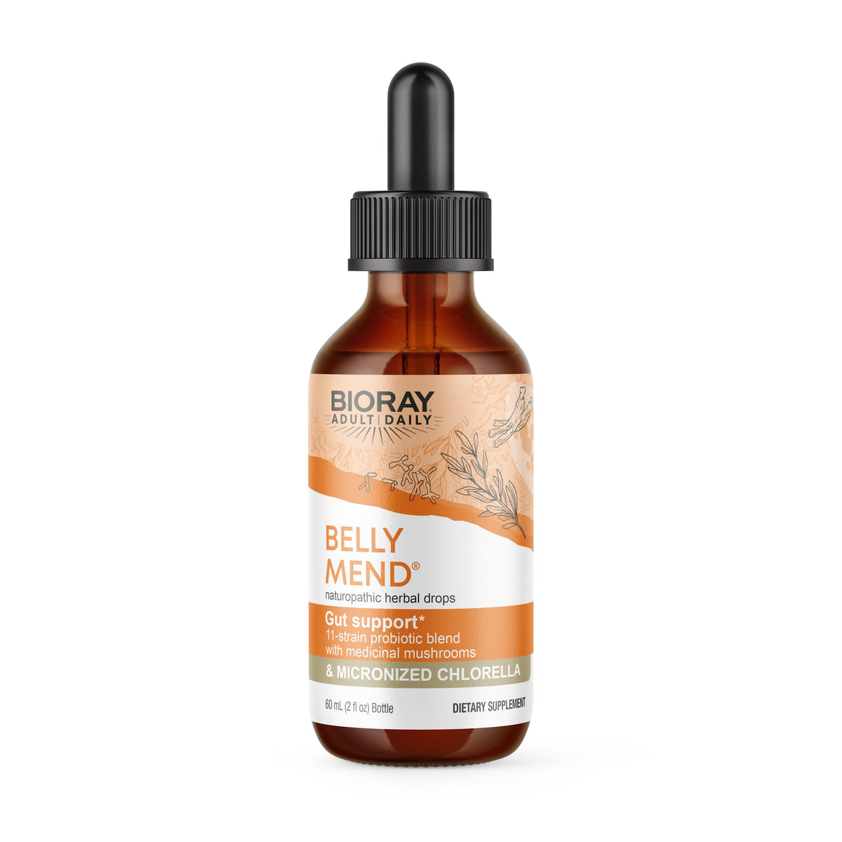 BIORAY Daily Belly Mend – flacon en train de verser, soutien digestif potentiel.