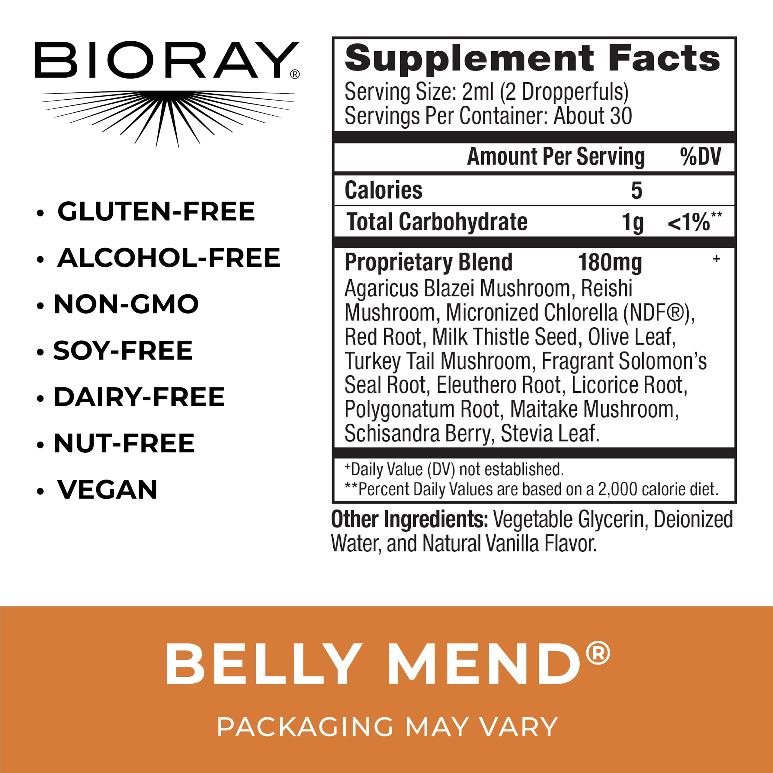 BIORAY Daily Belly Mend – ingrédients médicinaux visibles sur l'étiquette, bien-être naturel.