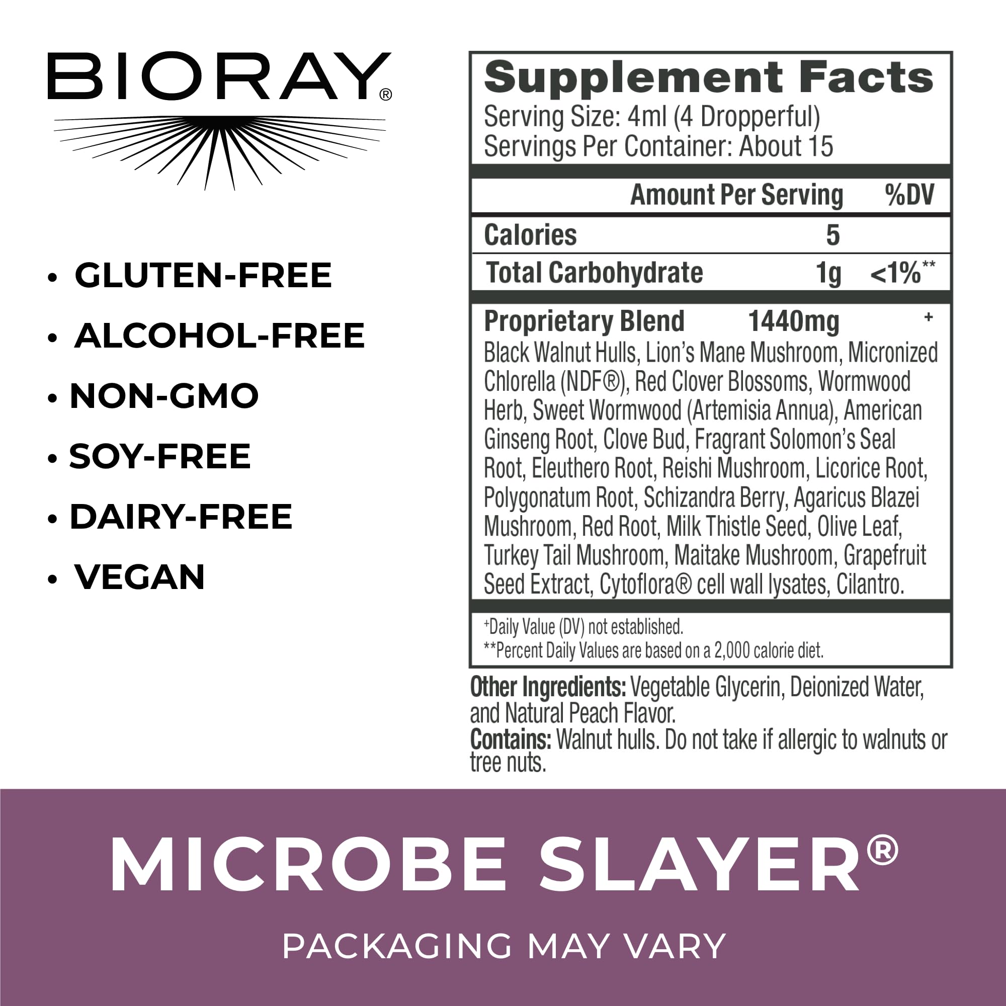 Étiquette BIORAY Daily Microbe Slayer montrant les ingrédients et bénéfices.