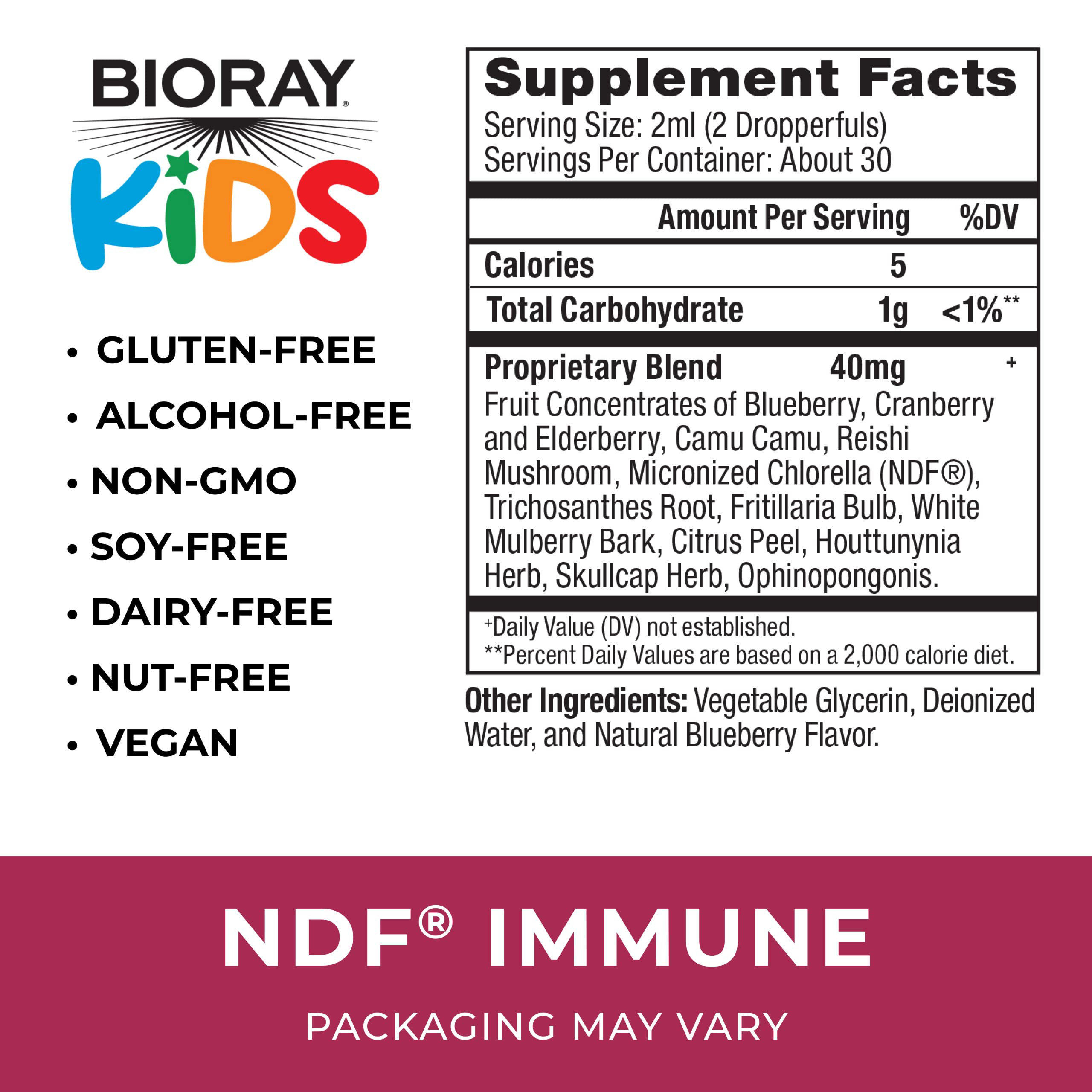BIORAY Enfants NDF Immunité Myrtille étiquette: informations claires sur l’utilisation quotidienne.