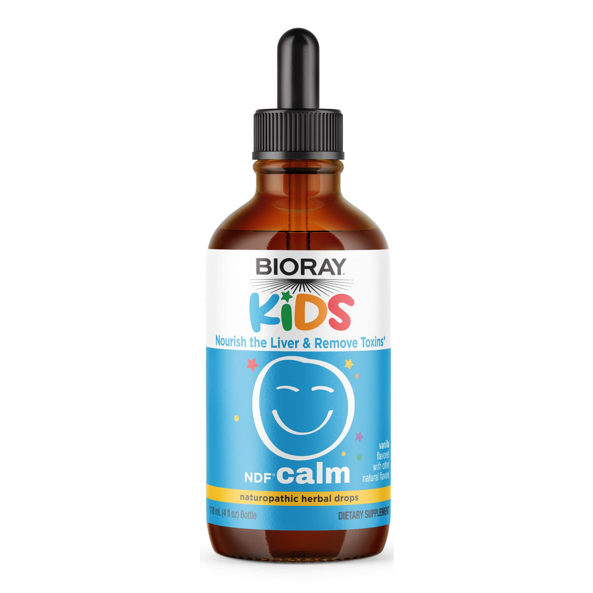 BIORAY Kids NDF Calm – bouteille montrant le produit et son soutien pour le foie.