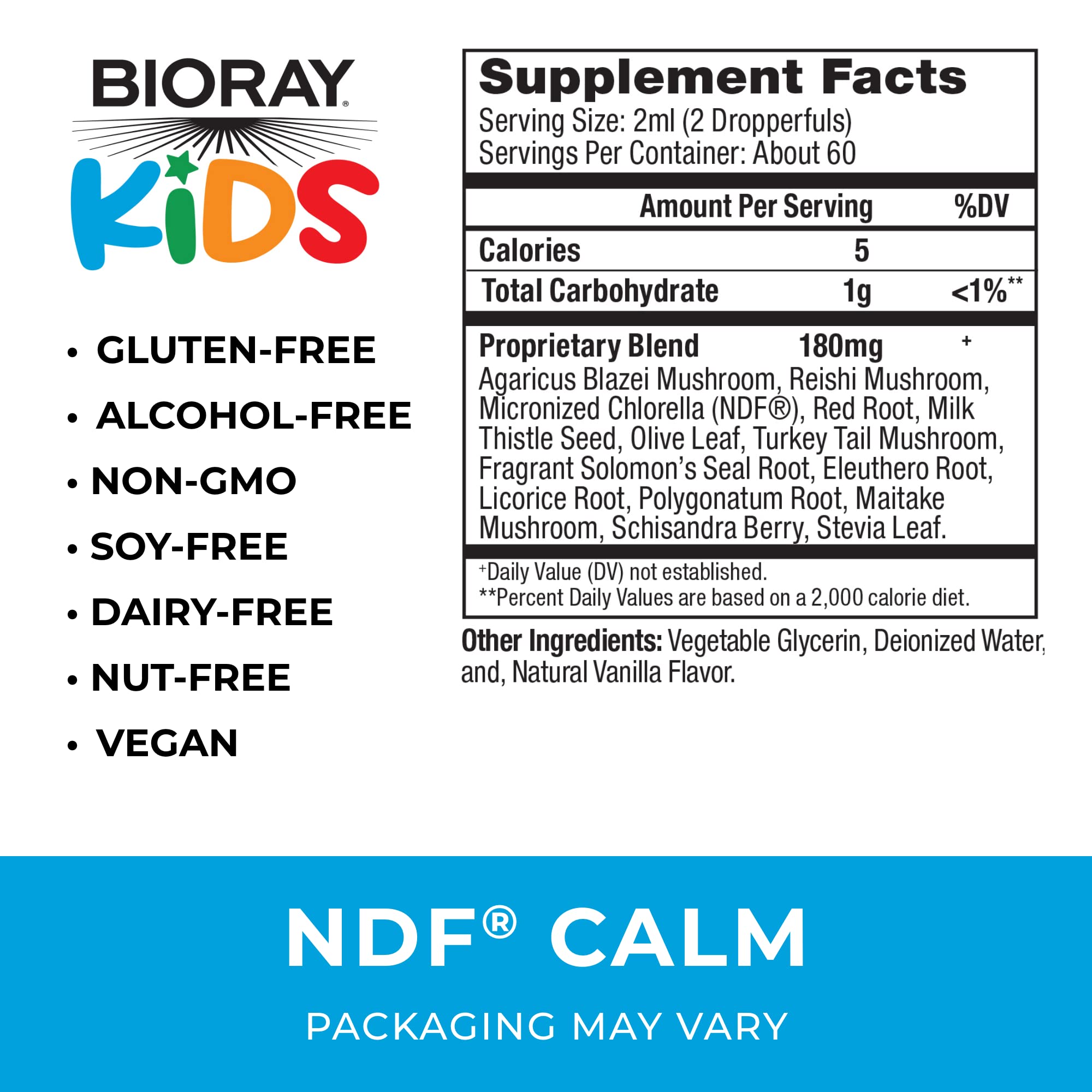 BIORAY Kids NDF Calm – ingrédients naturels mis en avant pour un mode de vie sain.