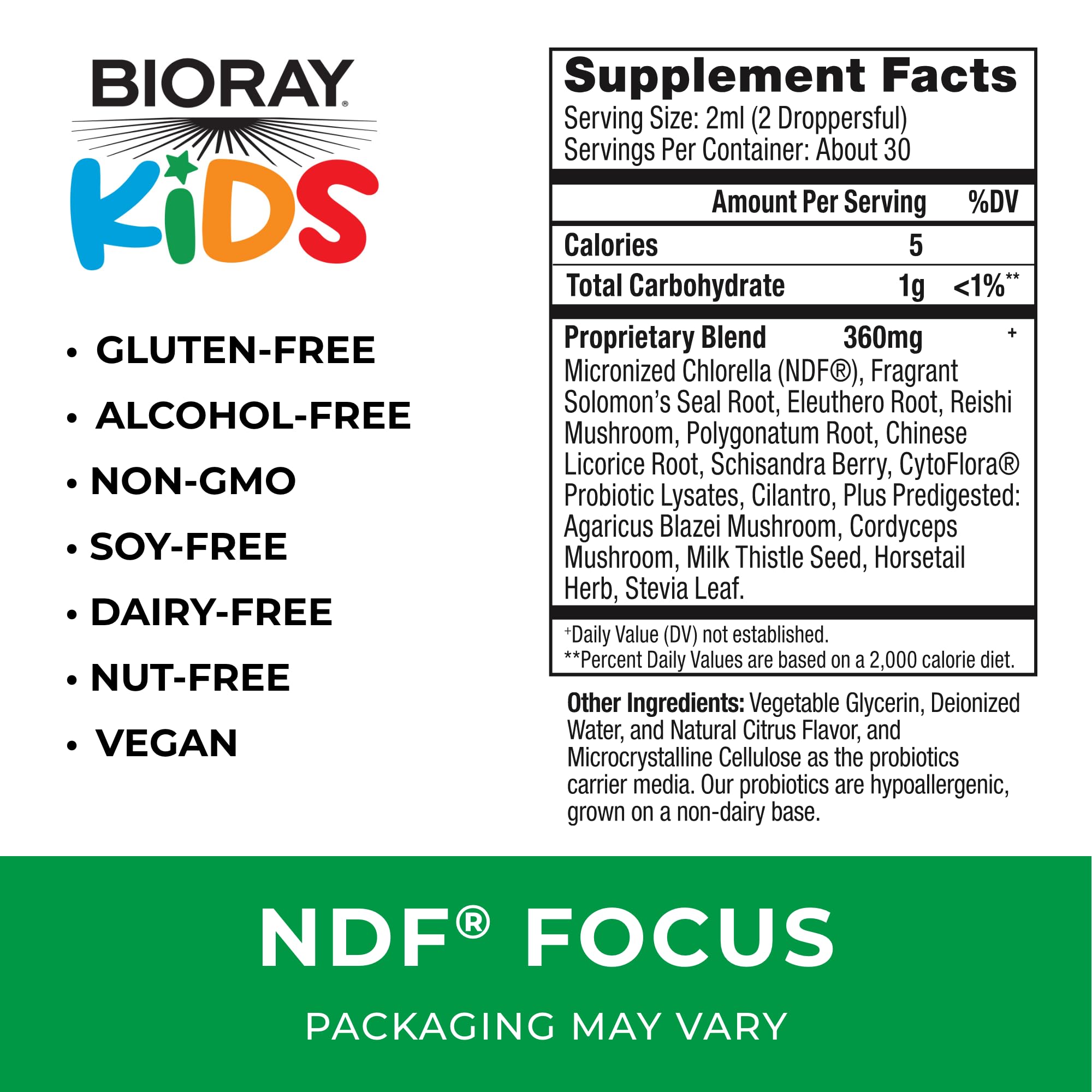 BIORAY Kids NDF Focus Citrus etiquette: énergie stable pour les activités sportives et scolaires.