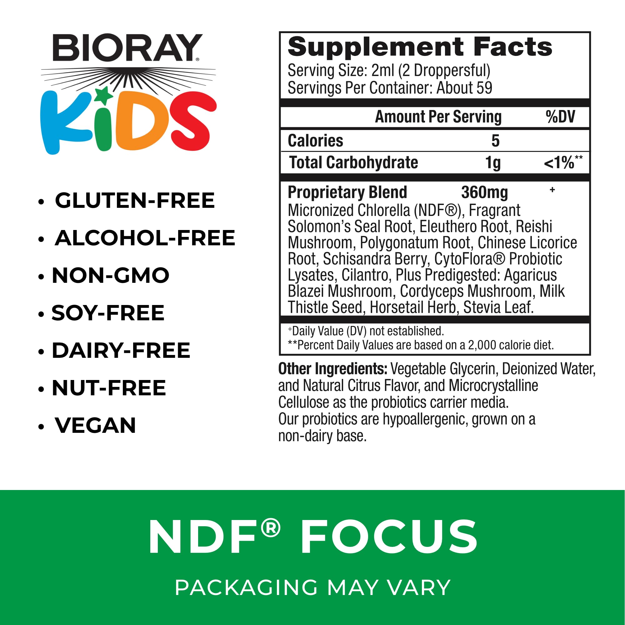 BIORAY Kids NDF Focus: étiquette et composants naturels visibles